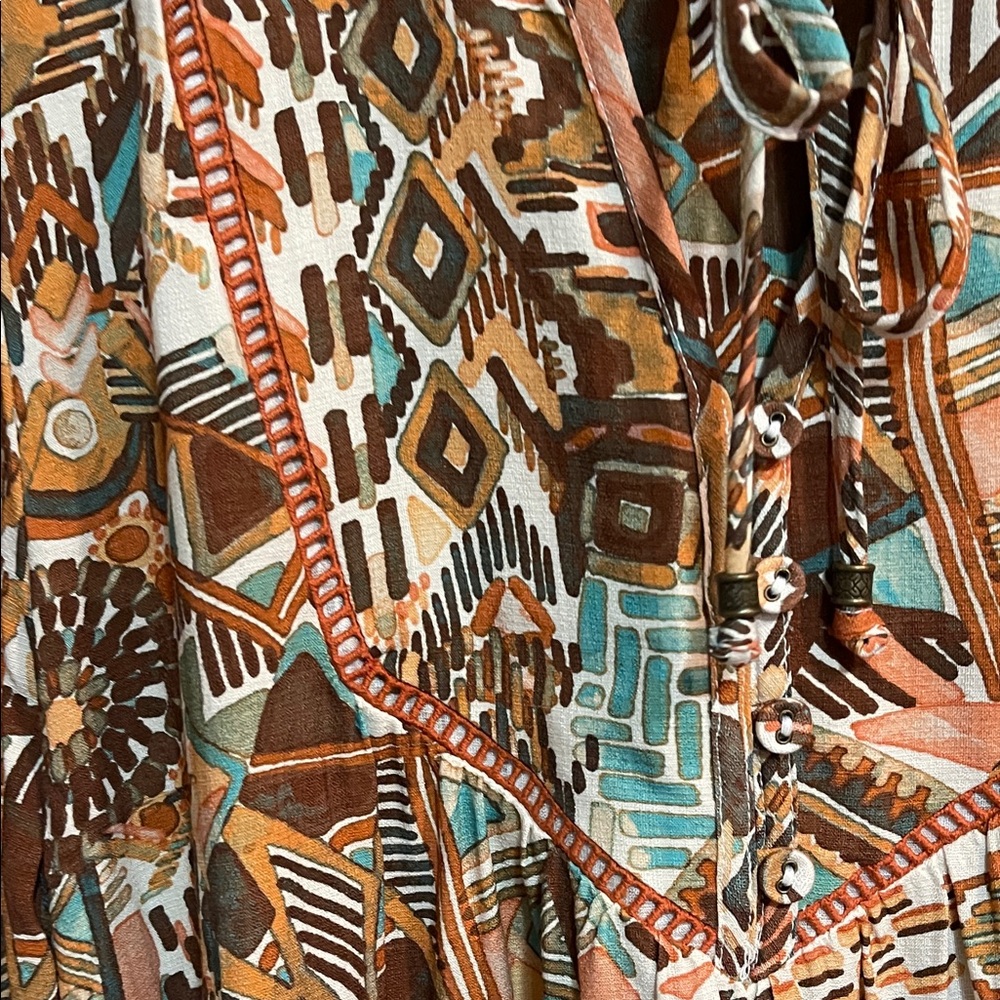Nurture Turquoise & Brown Patterned Tie-Neck Women’s Dress SZ PL - Picture 2 of 8